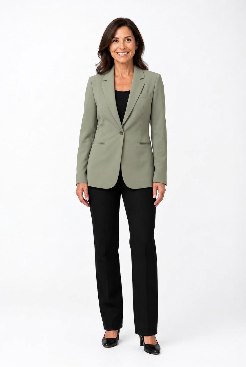 Client wearing the selected sage blazer