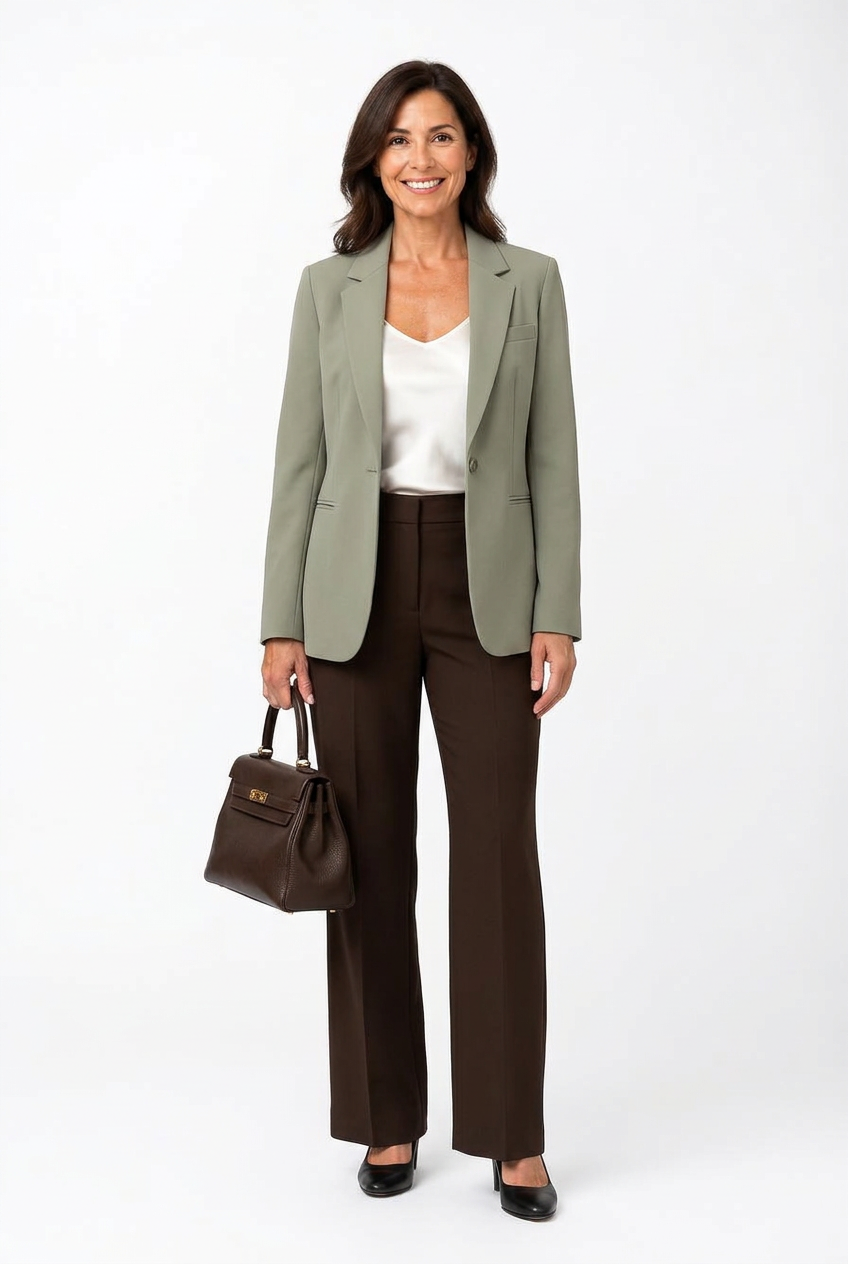 Client wearing the complete AI-styled outfit
